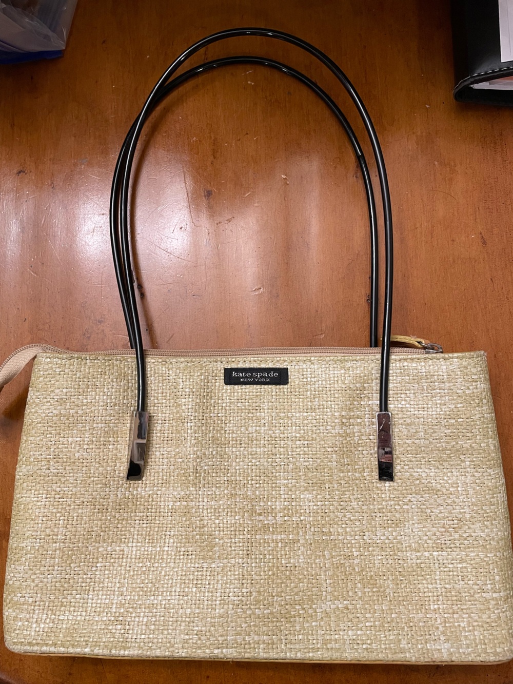 kate spade Vintage Y2K -NY Raffia Straw Tote with Black Top Handles